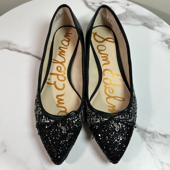 Sam Edelman Black Leather Tweed Glitter Pointed Toe Bow Flats Size 9 Preppy - Picture 4 of 7